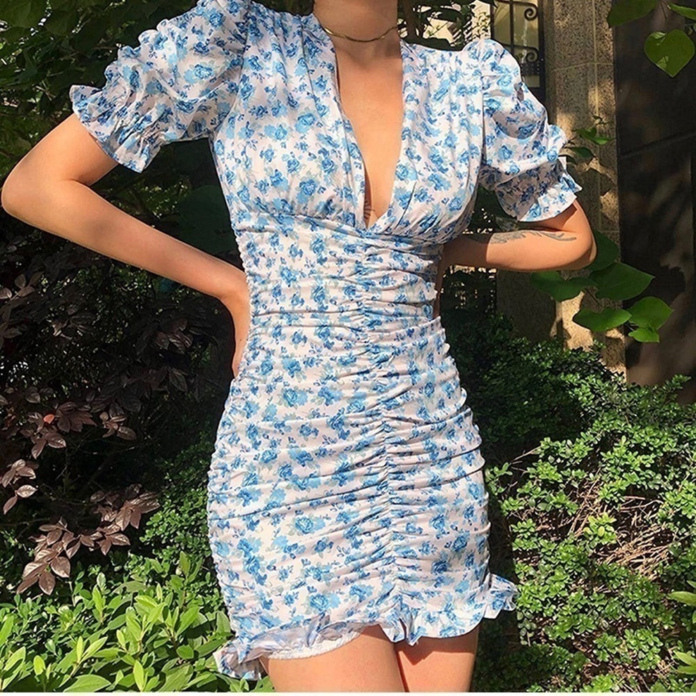 Mable Ruched Blue/Cream Floral Bodycon Dress Size M